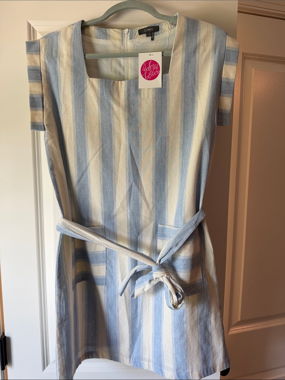 Light Blue and Cream Striped Midi Dress with Waist Tie